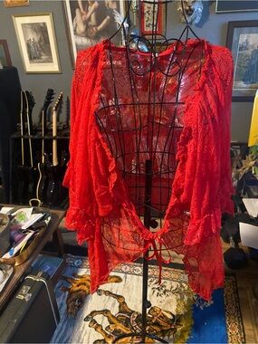 Red Lace Sheer Ruffled Women's Top